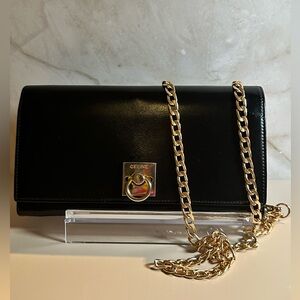 Celine Black Leather Clutch with Gold Chain
